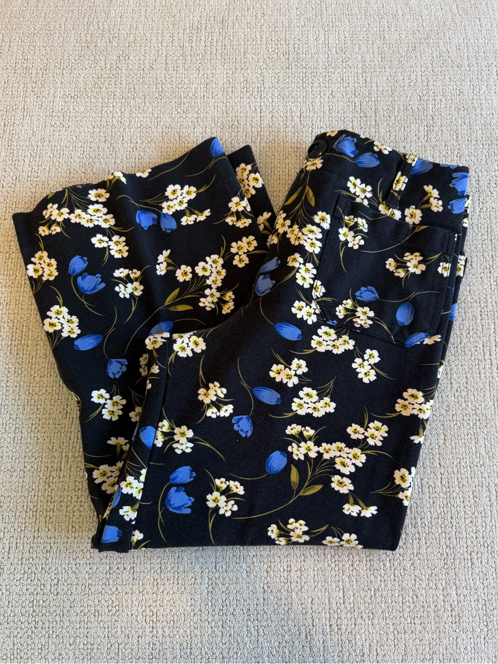 Maeve Black Floral Ankle Pants with Blue & White Flowers
